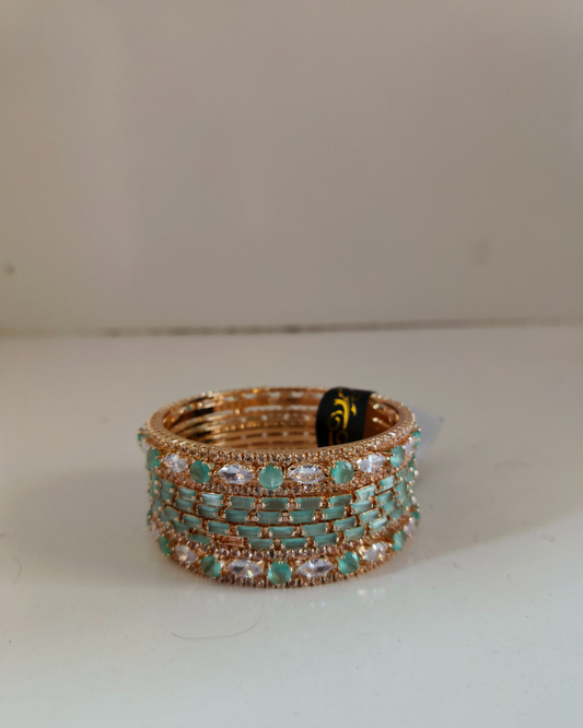 Mint Green & Gold Stone Bangles – Set of 6
